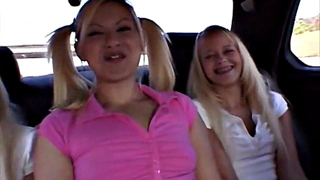 Twins Milton, 18, and blonde teen kiss and fuck in car for a wild lesbian threesome