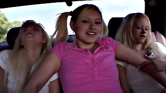 Twins Milton, 18, and blonde teen kiss and fuck in car for a wild lesbian threesome