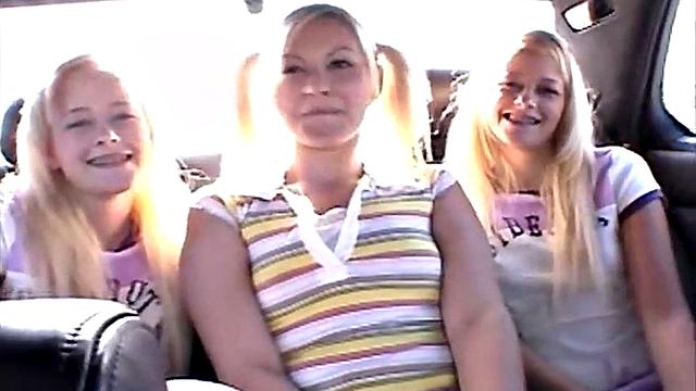 Twins Milton, 18, and blonde teen kiss and fuck in car for a wild lesbian threesome