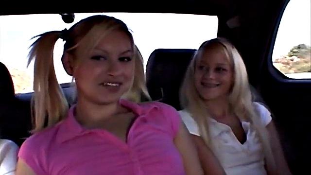 Twins Milton, 18, and blonde teen kiss and fuck in car for a wild lesbian threesome