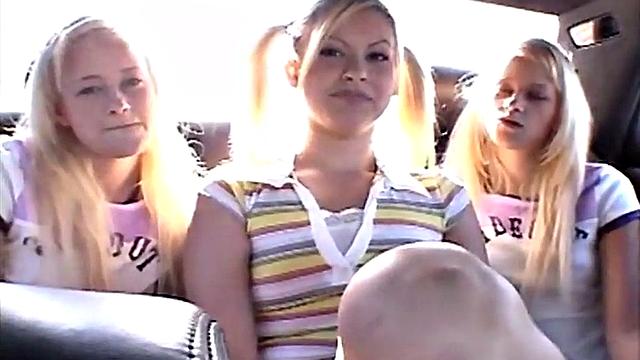 Twins Milton, 18, and blonde teen kiss and fuck in car for a wild lesbian threesome