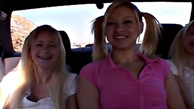 Twins Milton, 18, and blonde teen kiss and fuck in car for a wild lesbian threesome