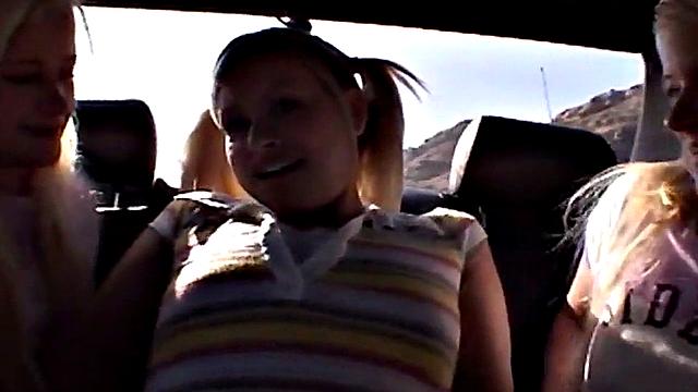 Twins Milton, 18, and blonde teen kiss and fuck in car for a wild lesbian threesome