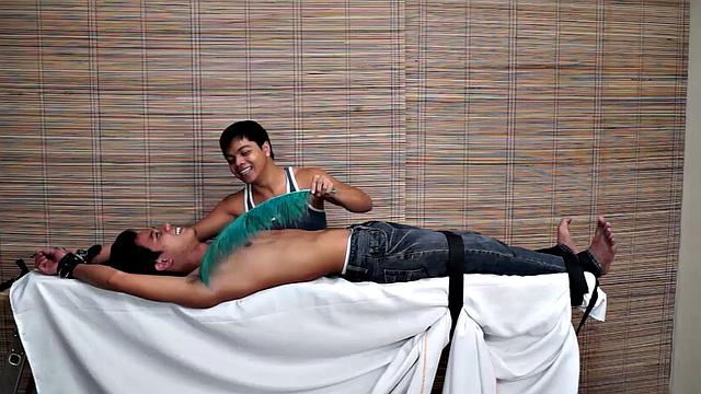 Introducing gorgeous hot and sexy Asian boy Simon Mercado. We discovered he has very ticklish feet. So Vahn had a field day with his hot body and of course, spent plenty of time on those ticklish Asian boy feet to keep him laughing.