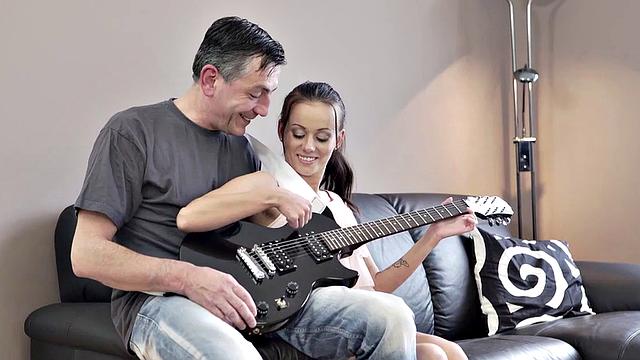 OLD4K. Tall older guy stretches fragile minx on daybed in various ways