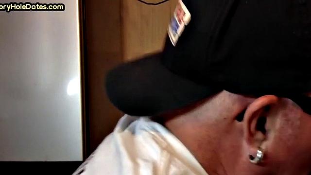 Mature gaydaddy sucks cock in gloryhole closeup