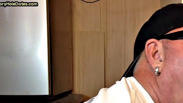 Mature gaydaddy sucks cock in gloryhole closeup