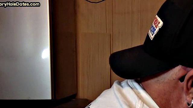 Mature gaydaddy sucks cock in gloryhole closeup