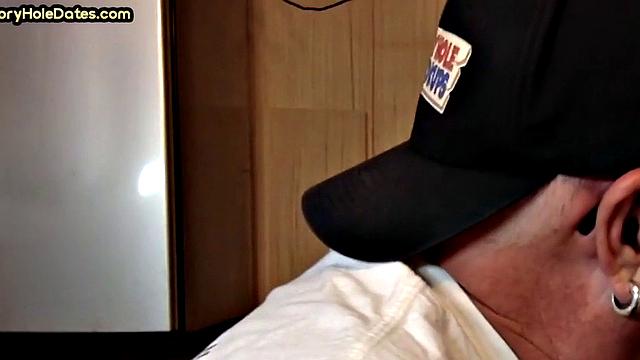 Mature gaydaddy sucks cock in gloryhole closeup