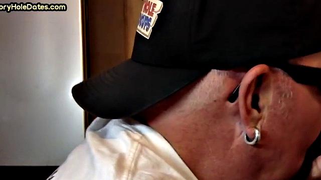Mature gaydaddy sucks cock in gloryhole closeup