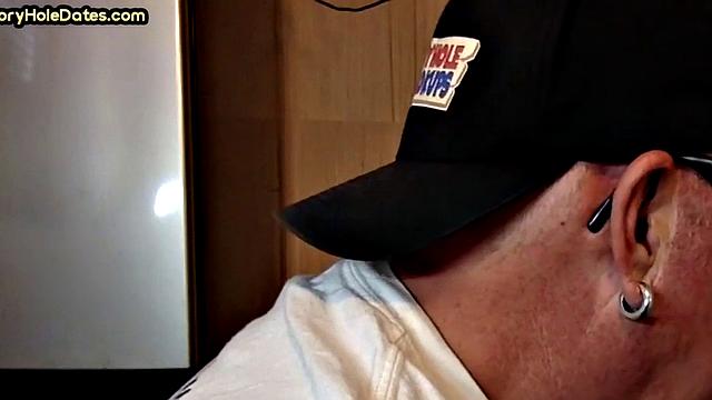 Mature gaydaddy sucks cock in gloryhole closeup