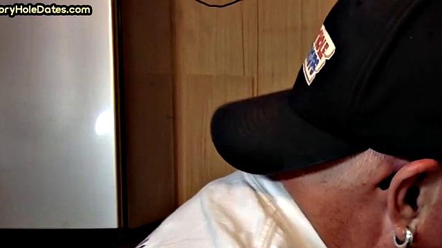 Mature gaydaddy sucks cock in gloryhole closeup