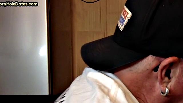 Mature gaydaddy sucks cock in gloryhole closeup