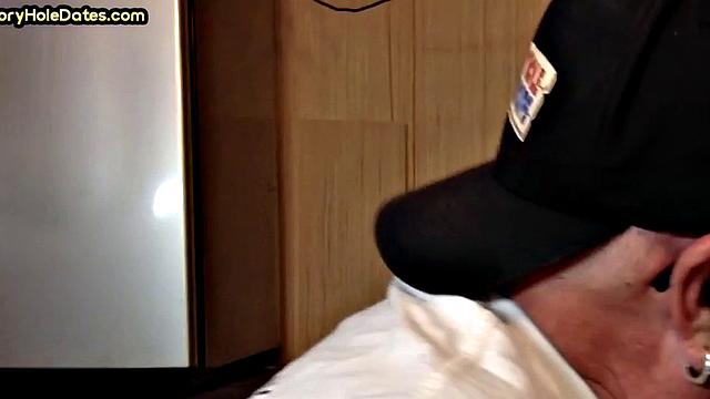 Mature gaydaddy sucks cock in gloryhole closeup