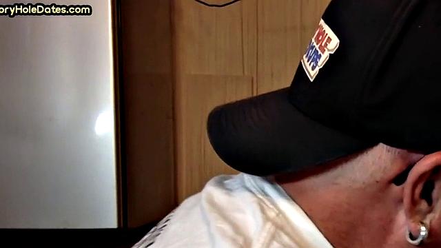 Mature gaydaddy sucks cock in gloryhole closeup