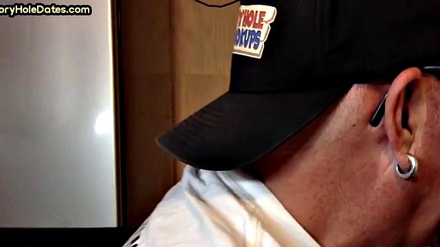 Mature gaydaddy sucks cock in gloryhole closeup