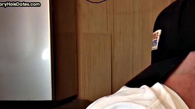 Mature gaydaddy sucks cock in gloryhole closeup