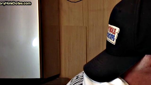 Mature gaydaddy sucks cock in gloryhole closeup