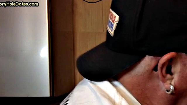 Mature gaydaddy sucks cock in gloryhole closeup