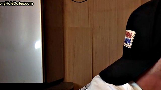 Mature gaydaddy sucks cock in gloryhole closeup