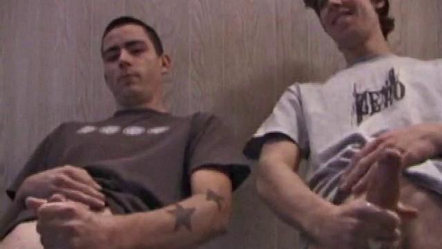 In this hot dual jerk off scene, Dan and Jayden get naked and start beating off over a glass table. The camera is positioned underneath the glass, capturing all the stroking action, and cum that shoots from their cocks.