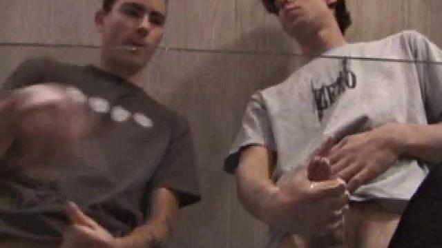 In this hot dual jerk off scene, Dan and Jayden get naked and start beating off over a glass table. The camera is positioned underneath the glass, capturing all the stroking action, and cum that shoots from their cocks.