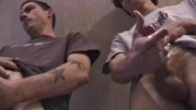 In this hot dual jerk off scene, Dan and Jayden get naked and start beating off over a glass table. The camera is positioned underneath the glass, capturing all the stroking action, and cum that shoots from their cocks.