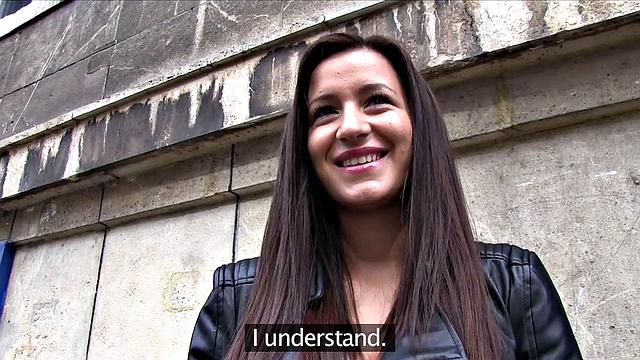 Cash-hungry brunette gives head in public restroom for cash