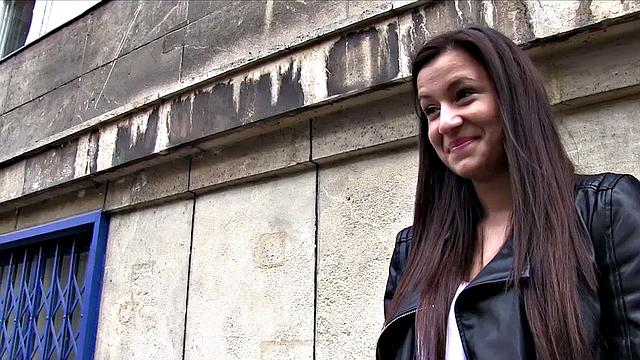 Cash-hungry brunette gives head in public restroom for cash