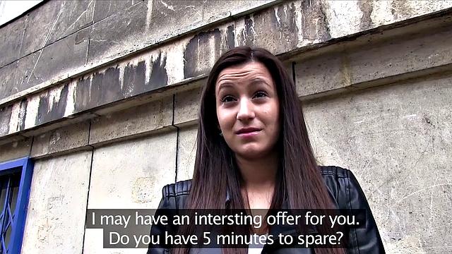 Cash-hungry brunette gives head in public restroom for cash