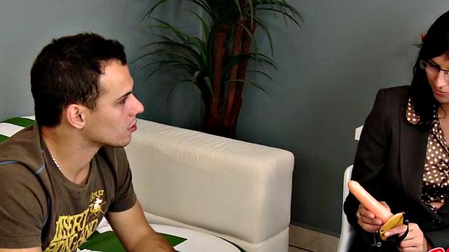 Strict strapon dominas spitroasting subject in threesome