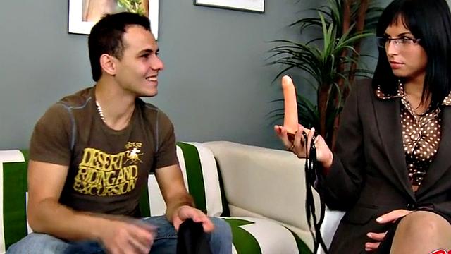 Strict strapon dominas spitroasting subject in threesome