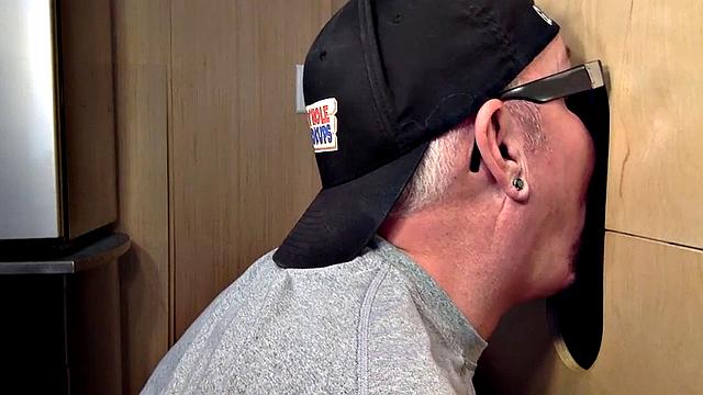 Gloryhole mature gay sucks cock in closeup