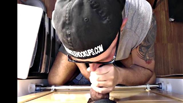 Gloryhole mature gay sucks cock in closeup