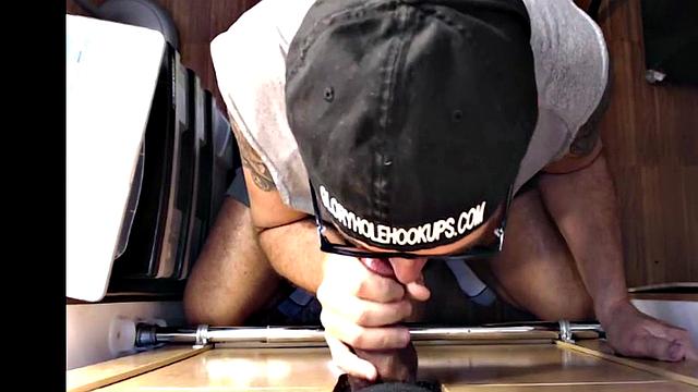 Gloryhole mature gay sucks cock in closeup