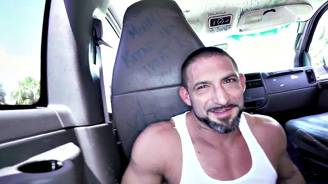 Str8 tattooed stud fucks muscled hunk in pickup for facial