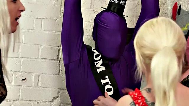 CFNM mistresses humiliating and tugging bound subs dick