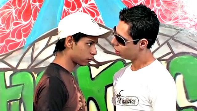 We look in on two Latin twinks with their pants down and cocks out; they kiss passionately, strip, have a hot oral exchange, and end up fucking.