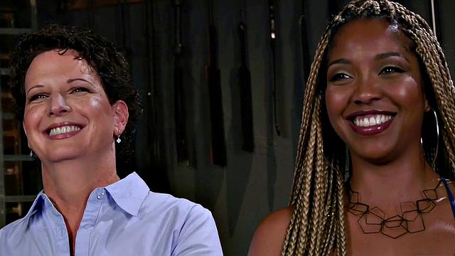 Rimming lez mature in suspension bondage rims black ass