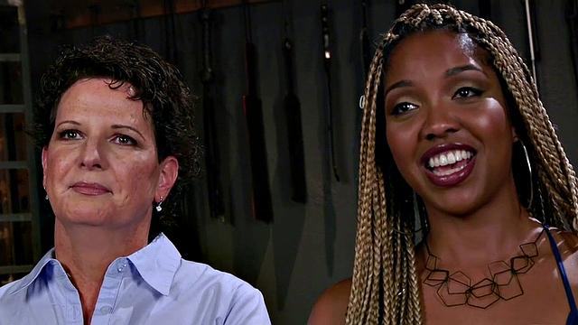 Rimming lez mature in suspension bondage rims black ass