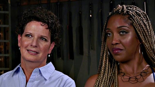 Rimming lez mature in suspension bondage rims black ass