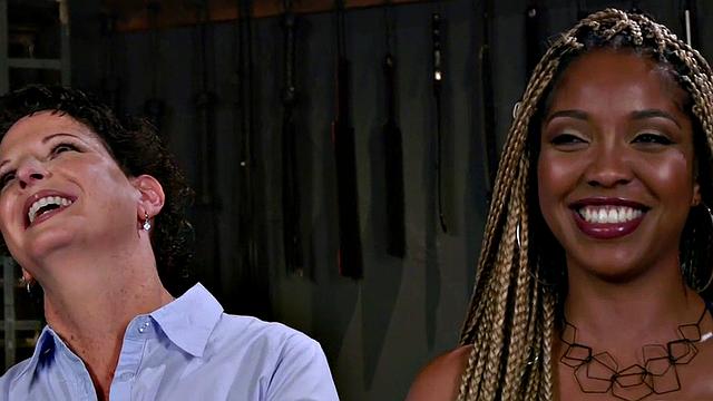 Rimming lez mature in suspension bondage rims black ass