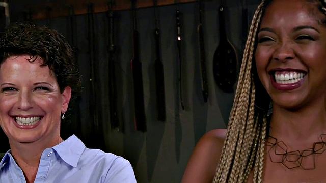 Rimming lez mature in suspension bondage rims black ass