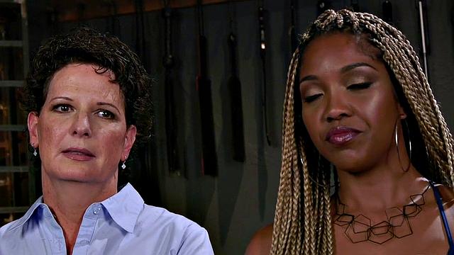 Rimming lez mature in suspension bondage rims black ass