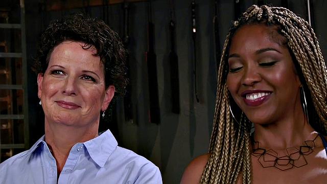 Rimming lez mature in suspension bondage rims black ass