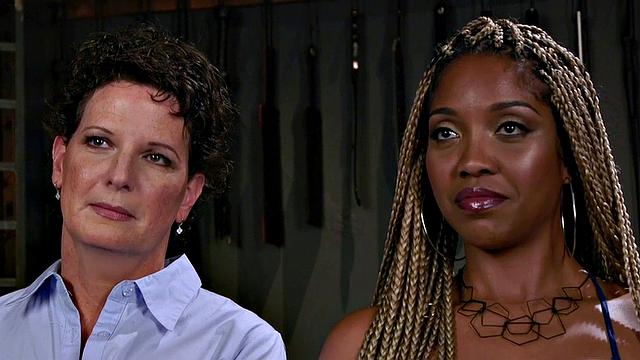 Rimming lez mature in suspension bondage rims black ass