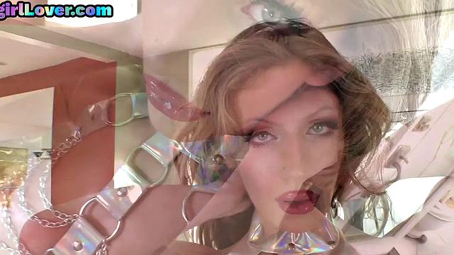 Stunning TS babe in stockings solo jerking oiled