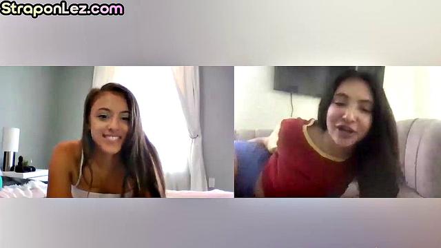 Toying nympho lesbians enjoy rimming on video call