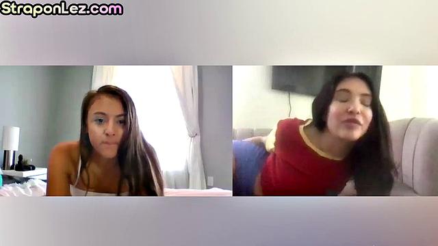 Toying nympho lesbians enjoy rimming on video call