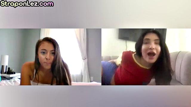 Toying nympho lesbians enjoy rimming on video call